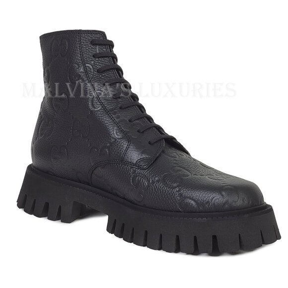 GUCCI BOOTS MENS ANKLE BLACK GG LOGO LEATHER ZIPPER LACE-UP sz 9.5 10 US main image 7